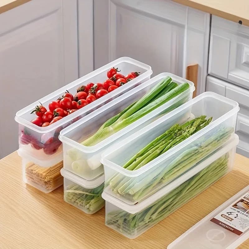 1 long rectangular container for food, reusable plastic organizer boxes for refrigerator, kitchen accessories