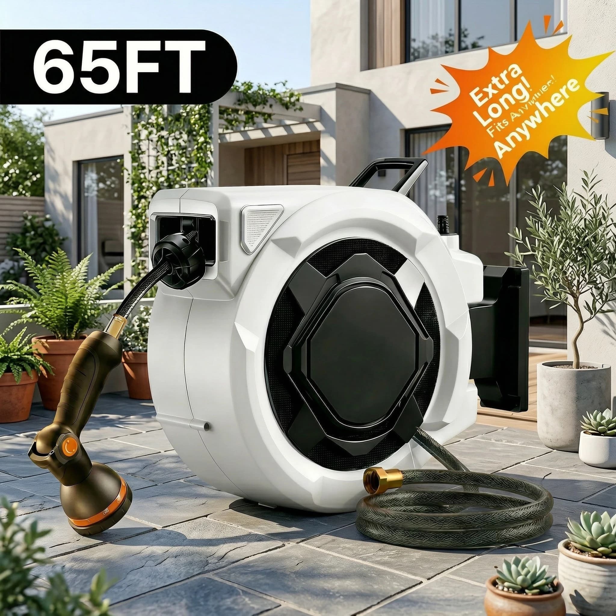 SUNPOW Auto Rewind Retractable Garden Hose Reel 5/8in×65FT | Any Length Lock, Wall Mount Heavy Duty Hose Reel, 3/4in Brass Fitting, 10 Function Nozzle, 180° Swivel Bracket, Gray