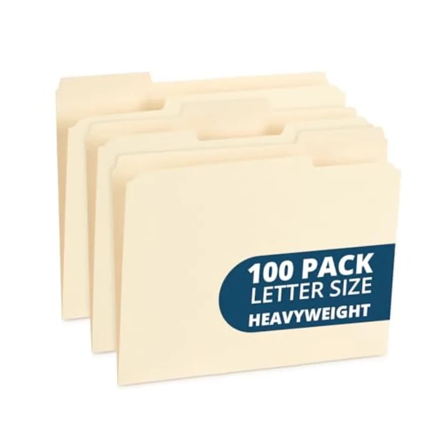 100 Cartelle Portadocumenti Resistenti Formato Lettera con Linguette Rinforzate a Taglio 1/3, Carta Manila Spessa 14pt, Cartelle Manila Resistenti per Ufficio