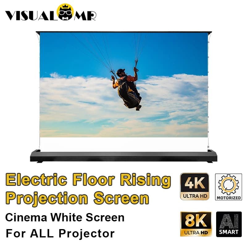 Schermo per proiettore bianco per cinema in aumento da pavimento elettrico caldo Recentemente aggiornato 4K/8K motorizzato da 72-120 pollici per tutti i proiettori Home Theater