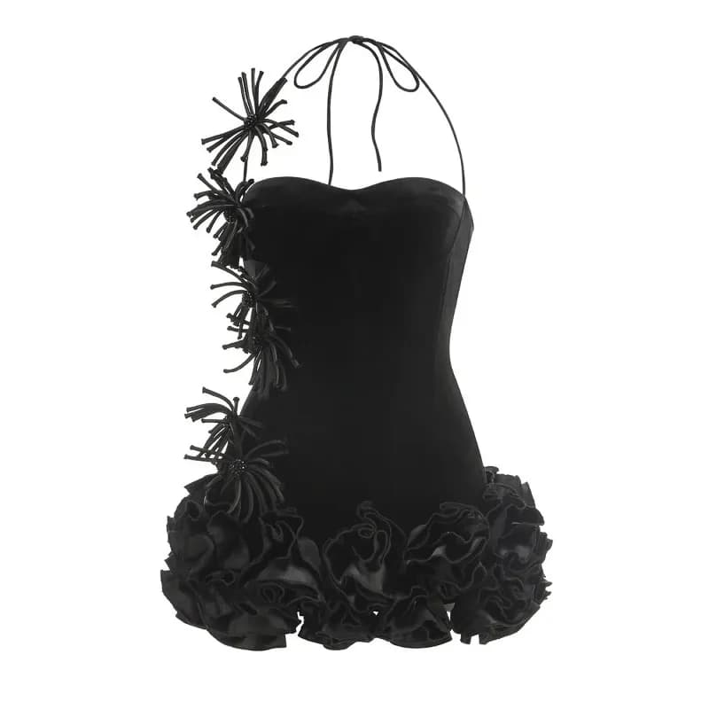 Abito Mini Bodycon a Fascia Rosso e Nero da Donna, Sexy, con Halter e Stampa Floreale Completa, 2 Pezzi, per Feste, Nightclub, Compleanni, Outfit da Celebrazione