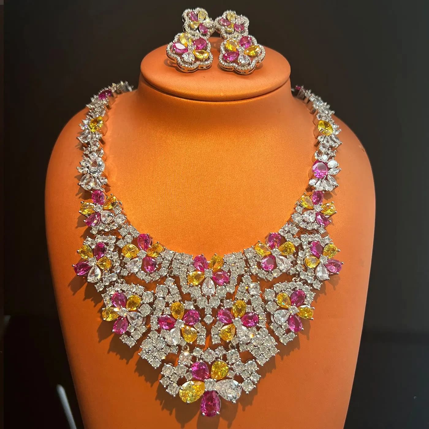 New Luxury Women Multicolor CZ Flower Jewelry Statement Necklace Earrings For Fashion Bridal Wedding Party Accessories Statement