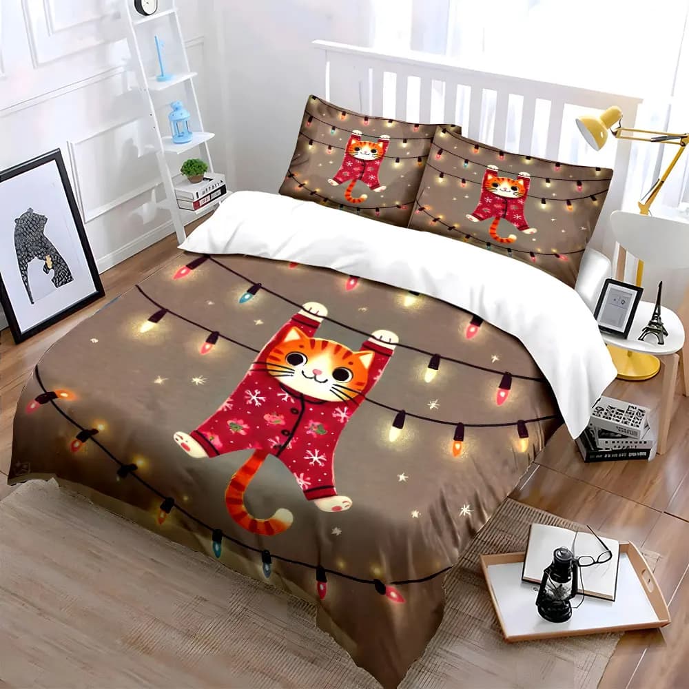 Set Decorativo Natalizio con Motivo Gatto, Set Copripiumino Morbido e Confortevole, Include 1 Copripiumino e 2 Federe, Regalo