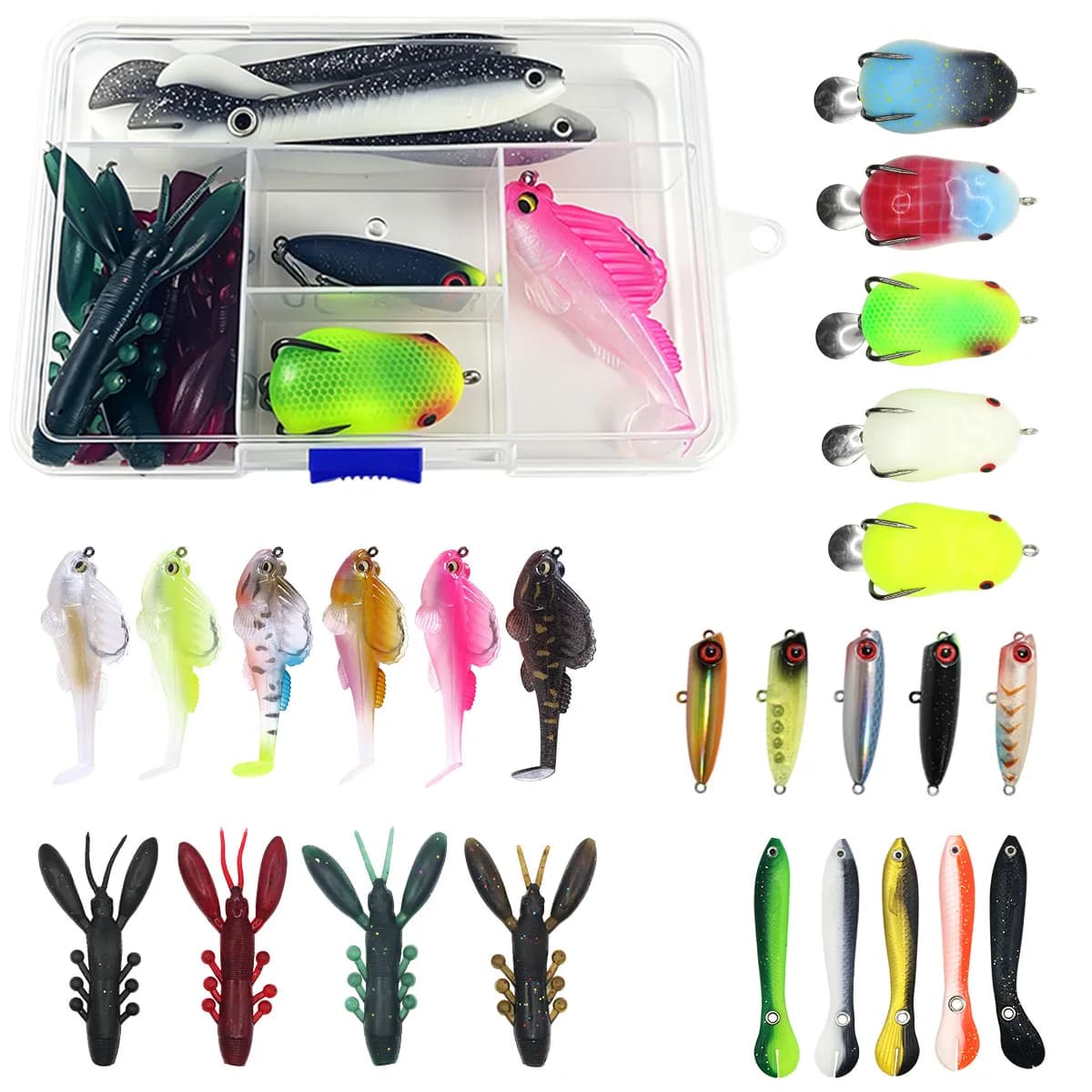 Fishing Lures Kit Mixed Soft Hard Bait Set 3D Eyes Swimbaits Frog Shrimp Minnow Crankbait Artificial Tackle Box For Saltwater Fr