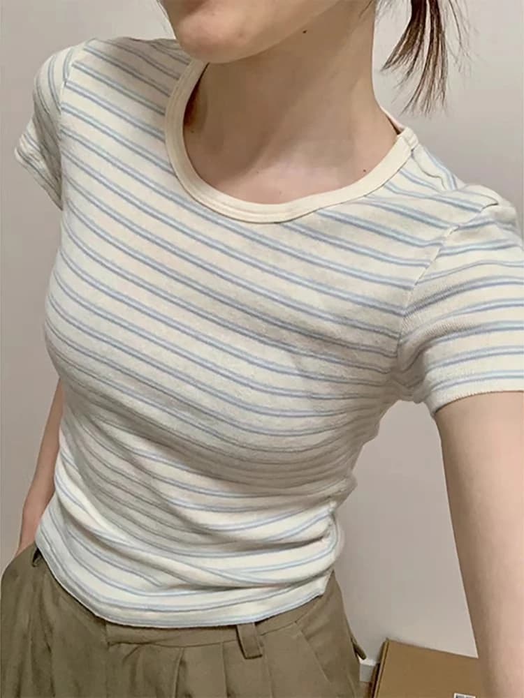 American Style Short Sleeve T-Shirt Women Summer Korean Version Slim Fit Base Shirt Short Model Shoulder Top Striped Color Block