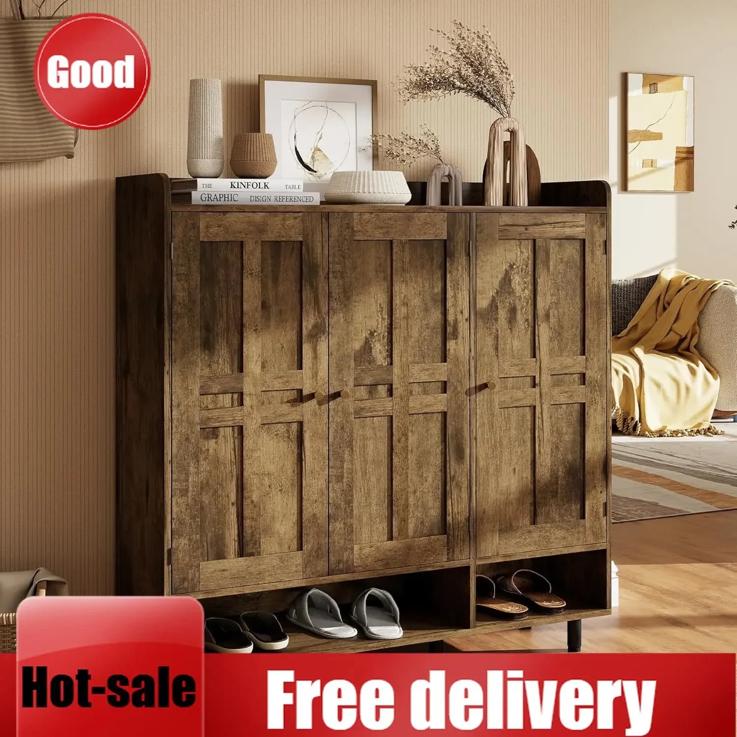 Shoe Cabinet with 3 Doors and Adjustable Shelves, Large Shoe Storage Cabinet for 24–30 Pairs, Modern Farmhouse Shoe Organizer wi