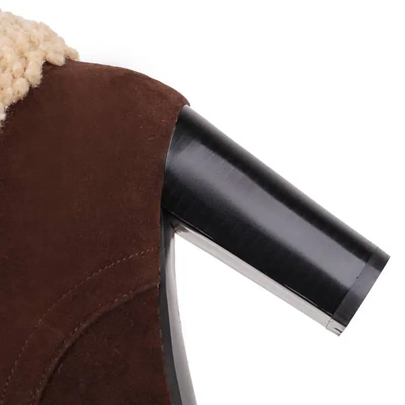 ORCHALISA Women Snow Boots Shaft 11cm Round Toe Flock Block Heels 8.5cm Lace-up 34 44 45 46 47 Fur Daily Shoes S4249