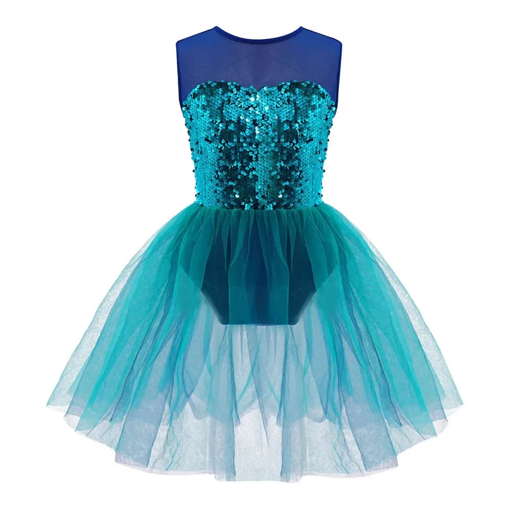 Vestito da balletto per bambina con paillettes lucide Ballerina Tutu Abito in rete senza maniche Body da ginnastica Costume da pattinaggio su ghiaccio