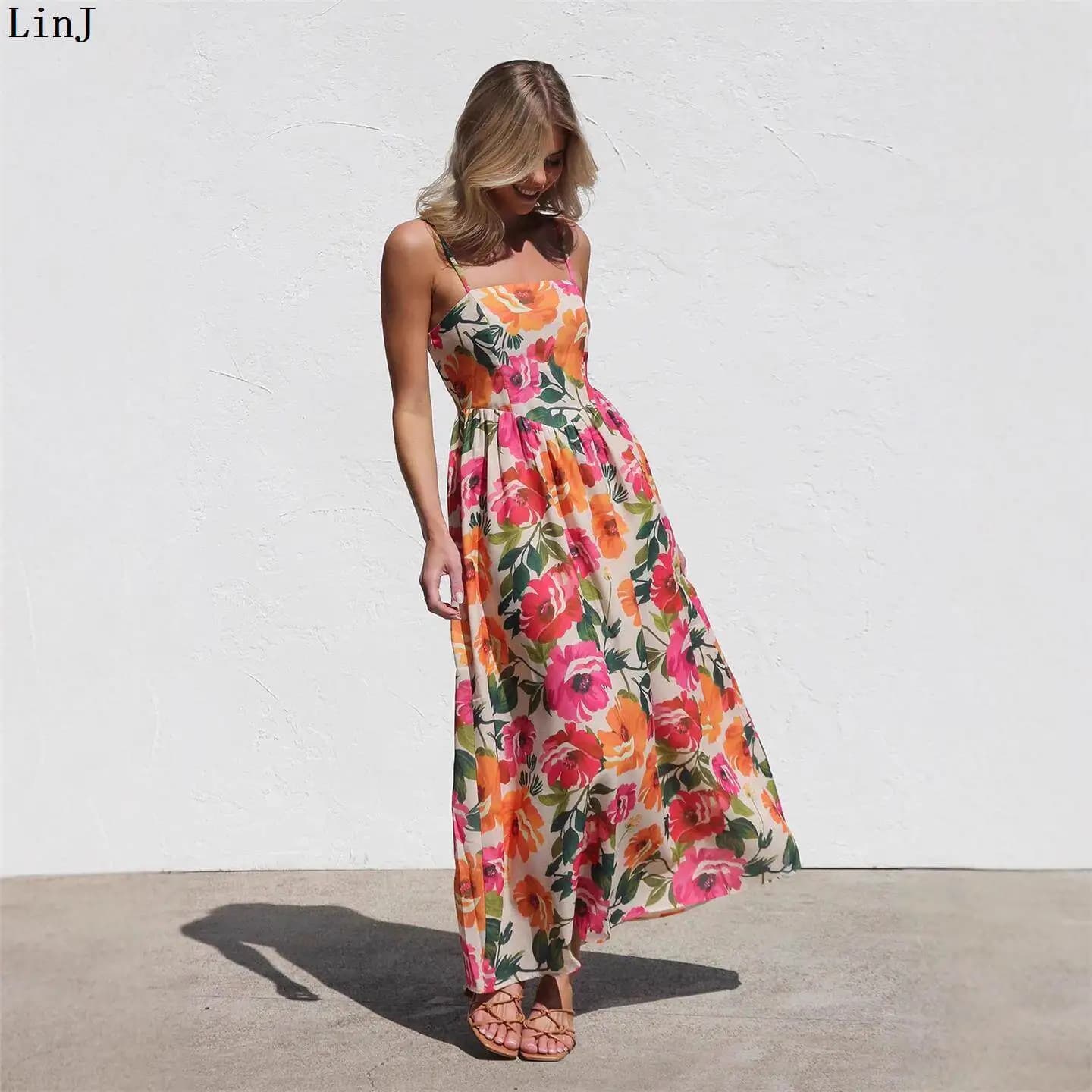 Spicy Girl Print Halter Dress Women's Summer Vacation Style A-Line Long Dress European Style Casual Midi Dress for Middle-Age...