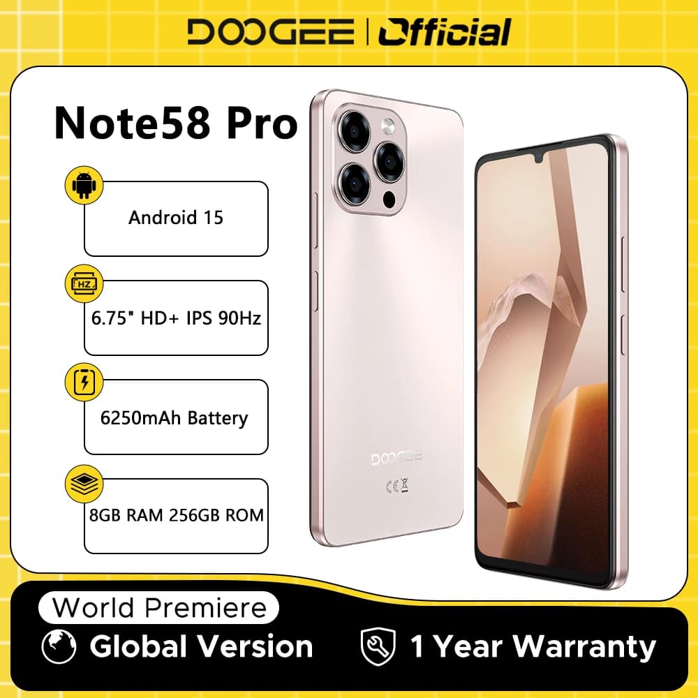 Versione globale DOOGEE Note58 Pro Smartphone 6.75 "HD + Display 8 GB RAM 256 GB ROM 6250 mAh Batteria grande NFC Android 15 Cellulare