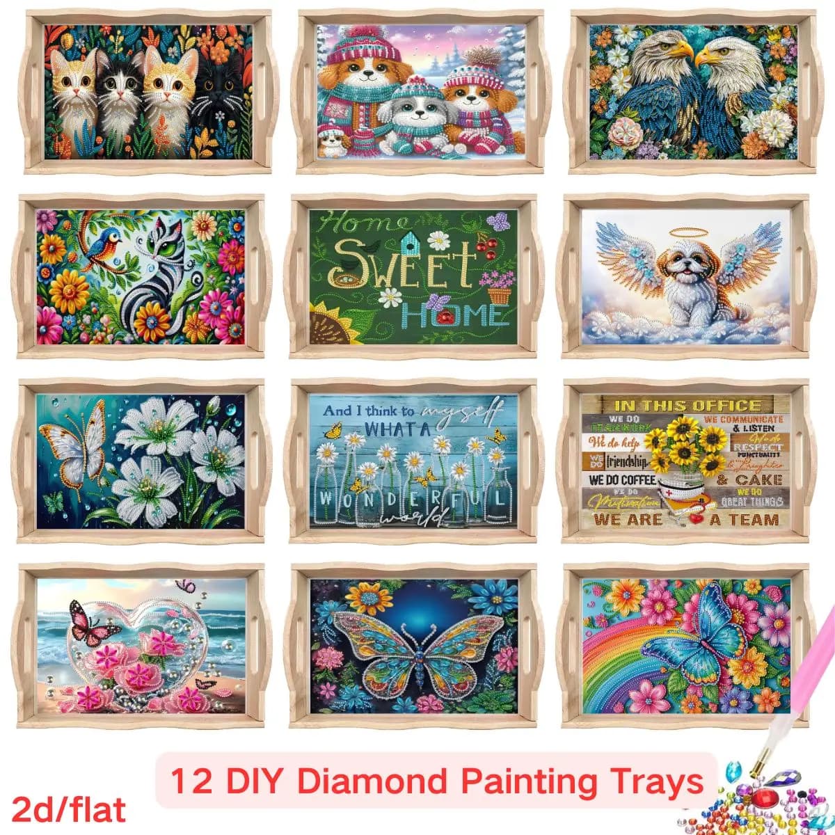Un vassoio quadrato per pittura con diamanti con design floreale e di piccoli animali, spazio creativo per il desktop, forniture per feste natalizie