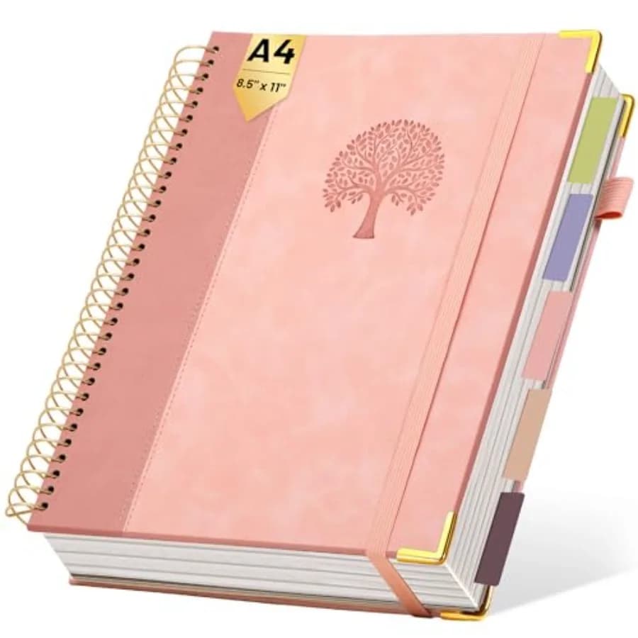 Hardcover Spiral Notebook 8.5" x 11" 5 Subject Notebook College Ruled with Dividers Tabs 300 Pages Large Leather Spiral Journal