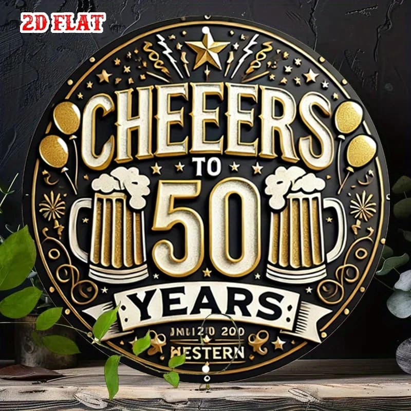 1 targa rotonda in metallo di alluminio per il 50° anniversario, arte rustica da parete da 7,87 pollici con tazze da birra e stelle, durevole per interni/esterni