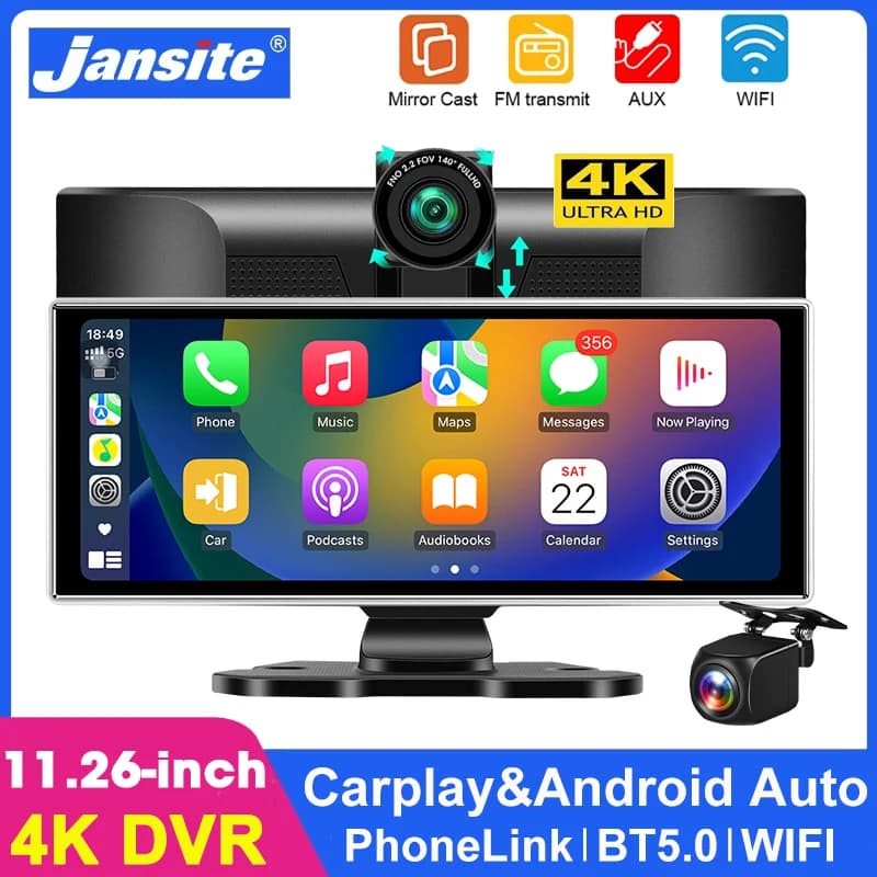 Portable 11.26 inch DVR for 4K Car Dashcam Wireless Carplay and Android Auto GPS Navigation Dashcam Video Recorder BT FM AUX