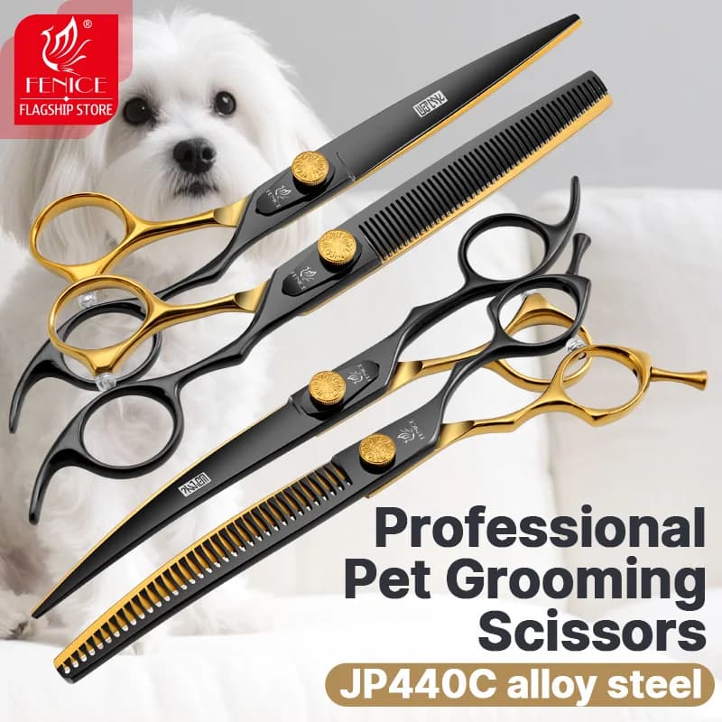 Fenice Professional 7.0 pollici Nero-oro JP440C Forbici per toelettatura cani Taglio curvo Cesoie per assottigliamento Kit di strumenti per estetisti animali domestici