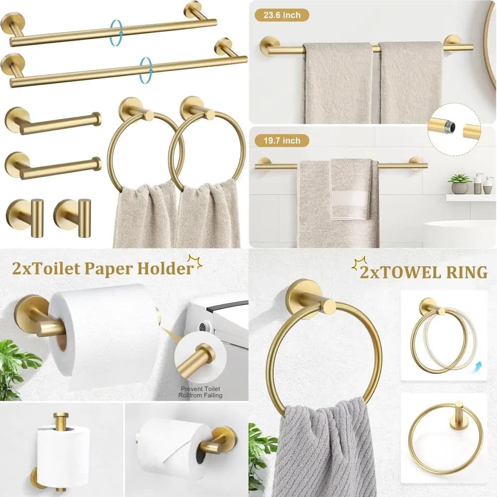 Set di accessori per il bagno in oro spazzolato da 8 pezzi, portasciugamani 24 e 20, accessori da bagno in acciaio inossidabile a parete