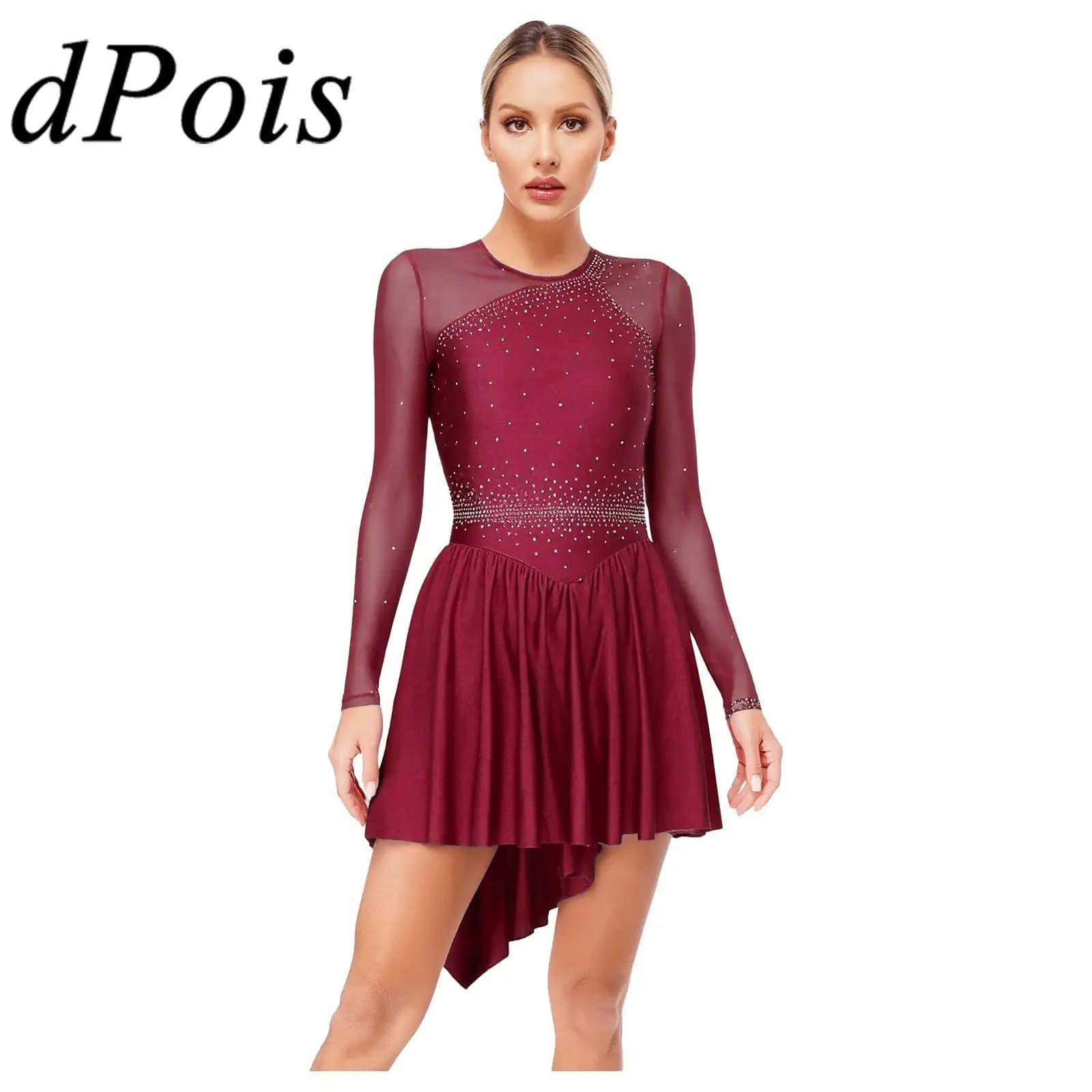Abito da pattinaggio di figura da donna con strass scintillanti ritagliati in rete trasparente Costume da danza lirica Abito da ginnastica per balletto a maniche lunghe