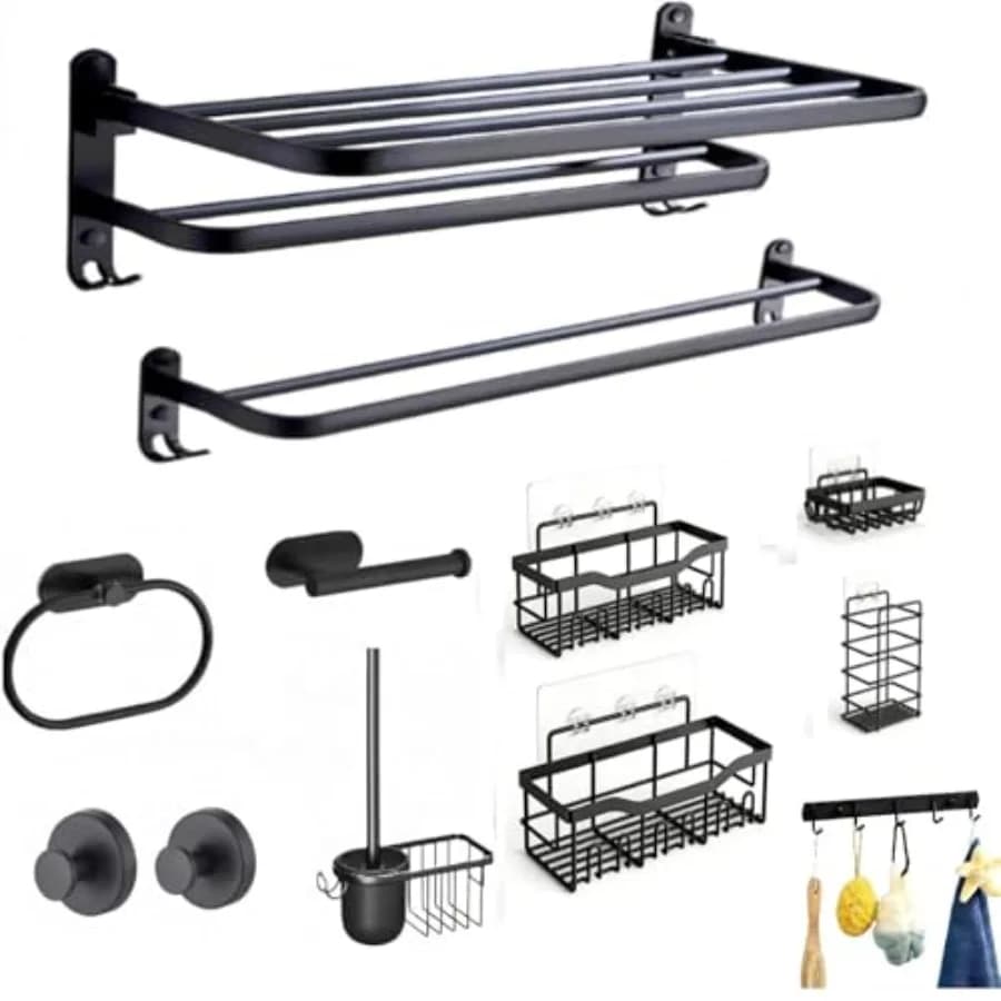 Set di Accessori per Bagno in 12 Pezzi, Nero Opaco, Senza Foratura, Portasciugamani da Parete da 24 Pollici e Barra Portasciugamani in Acciaio Inossidabile Antiruggine