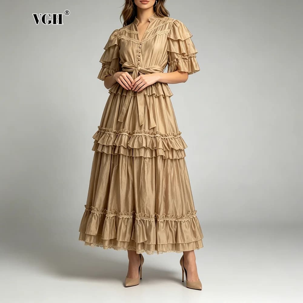 VGH Elegant Chic Khaki Spliced Lace Flare Sleeves Maxi Dress for Women V Neck High Waist Tiered Skirt for Vintage Evening Party