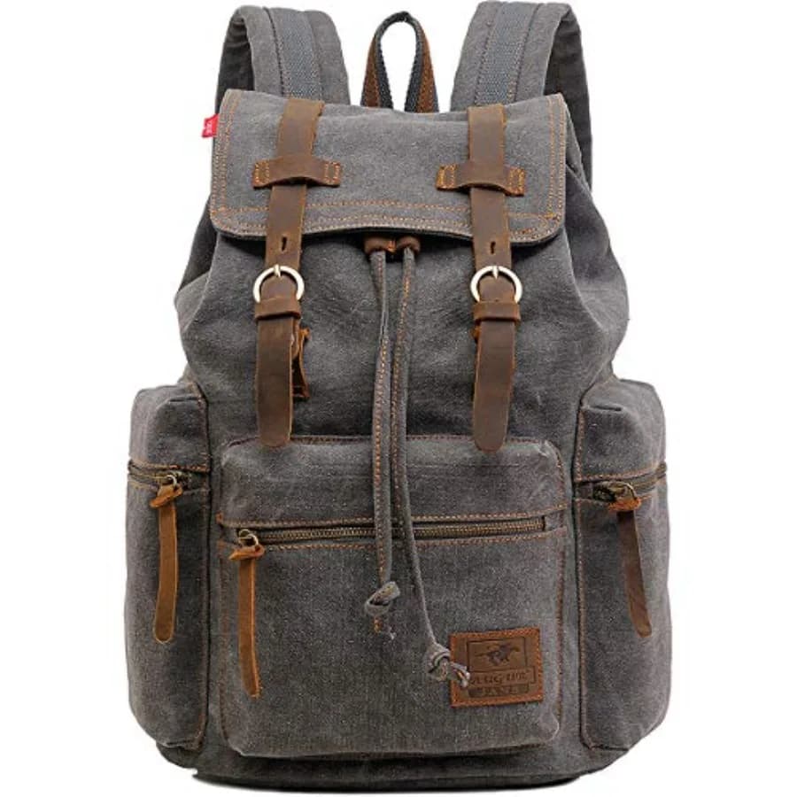Zaino da Viaggio Vintage in Tela con Finiture in Pelle, Tasca Imbottita per Laptop, Tasca di Sicurezza Nascosta sul Retro, Adatto per Dispositivi da 15 Pollici, M32
