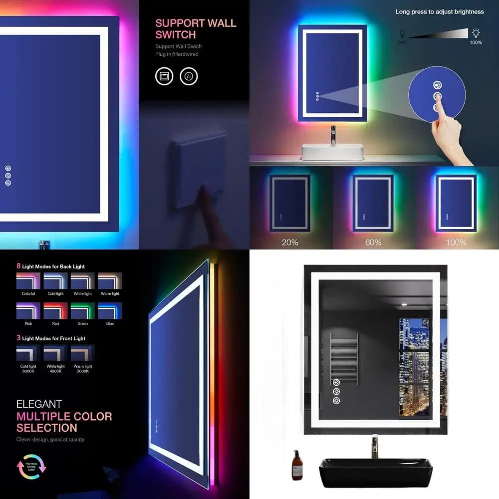 Specchio da Bagno Illuminato a LED 24x32 con Luci RGB, Antiappannamento, Dimmerabile, Illuminazione Frontale, Vetro Temperato, Funzione Memoria, Shatt