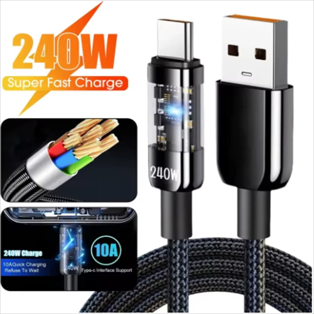 Cavo di ricarica super veloce USB-C da 240W con LED, per Samsung, Xiaomi, Huawei, OPPO, iPhone 17, 16, Android/iOS