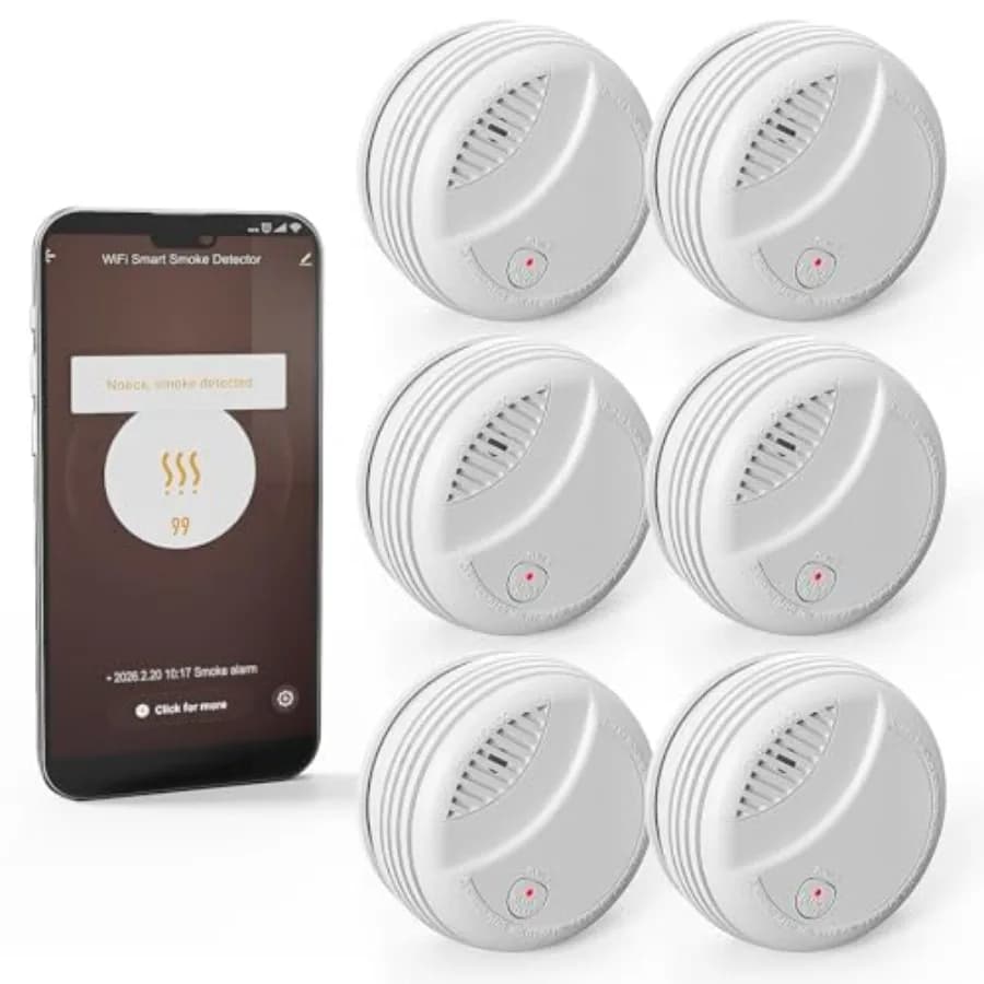 6 Pack Smoke Detector for Home Safety, ABS Plastic, White, Real-Time App Notifications and 9V Replaceable Battery