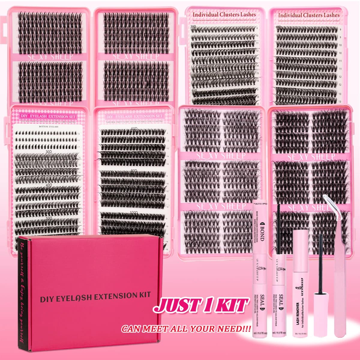 Kit di grappoli per ciglia volume Stili misti con Bond & Seal C Curl Kit di estensioni per ciglia finte Wispy Spessore fai da te a casa