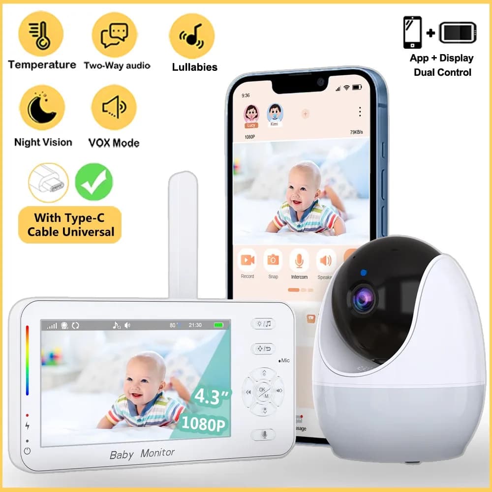 Baby monitor da 4,3 pollici Zoom 4x PTZ Cam APP + monitor Doppio controllo WiFi Baby sitter elettronico Audio bidirezionale Visione notturna Baby Phone