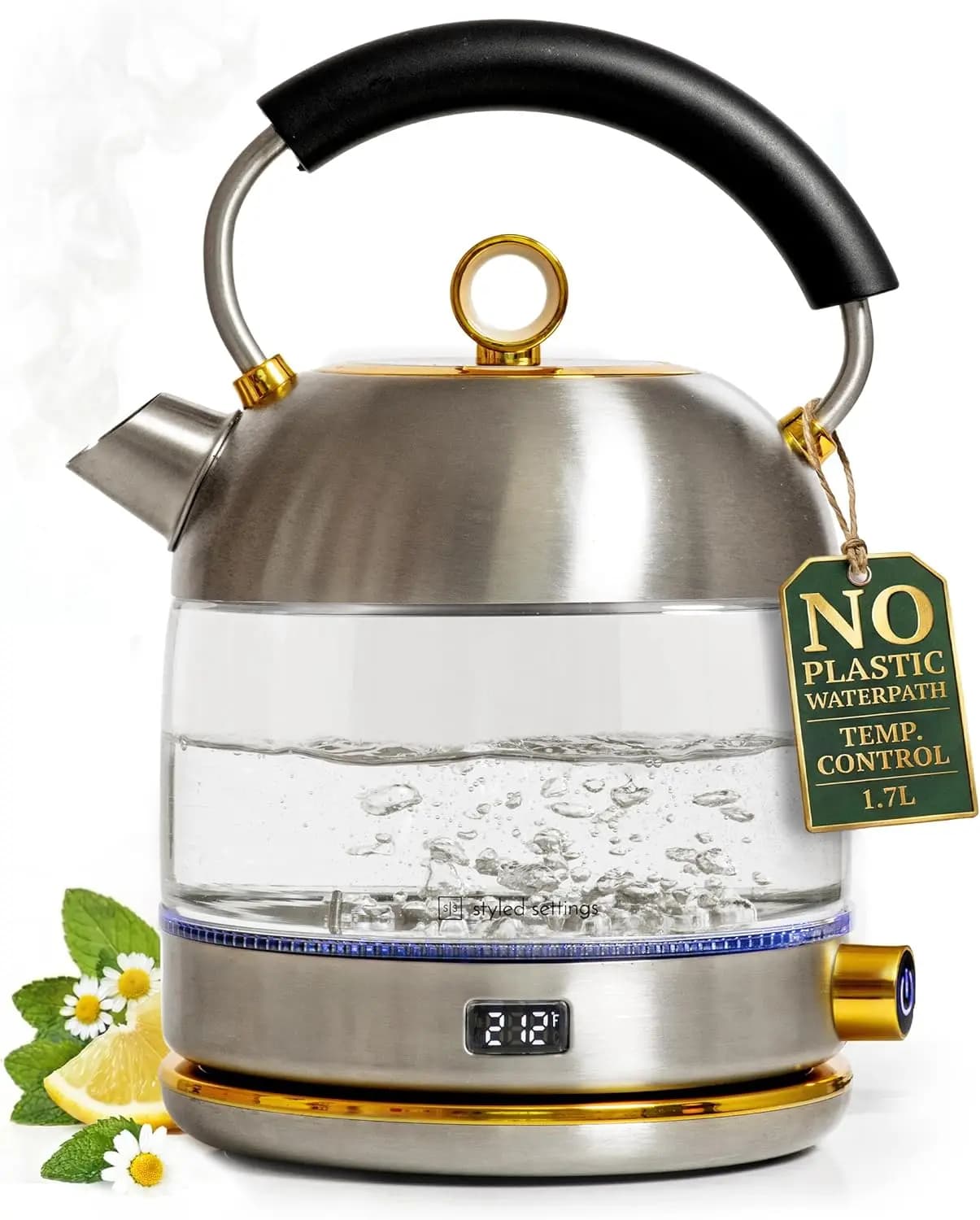 Bollitore elettrico in acciaio inossidabile con controllo della temperatura, senza BPA, vetro borosilicato, bollitura rapida 1500W, spegnimento automatico
