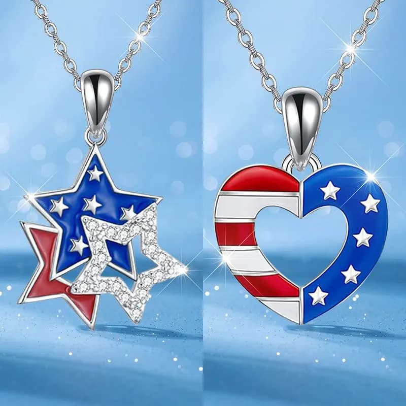 Pack of 2, Independence Day Trend Creative Fashion Pentagram/Heart Shaped Simple Necklace, Party Commemorative Exquisite Christmas Birthday Gift