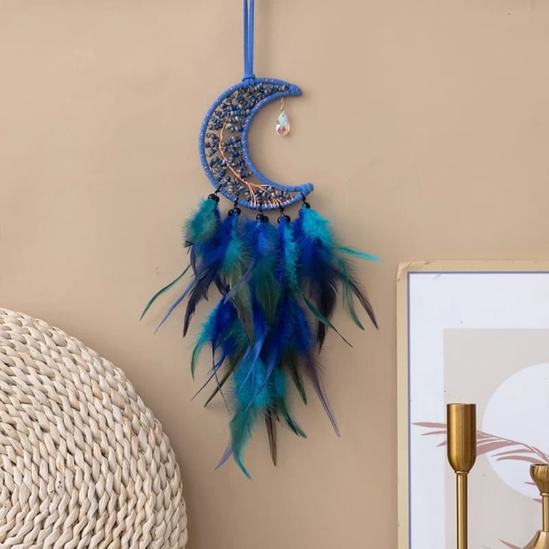 Moon Crystal Dream Catcher Blue Feather Wind Chimes Bedroom Decorations Wall Hangings For Girls Birthday Gifts