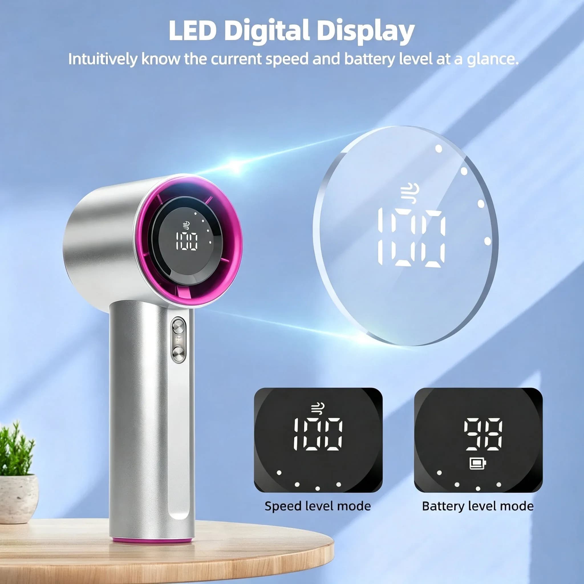 Mini Fan Rechargeable Strong Wind 100 Gear Wind Speed Electric Fan Digital Display Adjustable Turbo Portable Outdoor Handheld