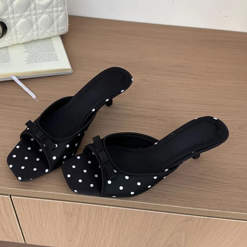 Eilyken High Quality Satin Polka Dot Square Toe Women Slippers Fashion Thin Low Heels Sandals Casual Party Dress Shoes