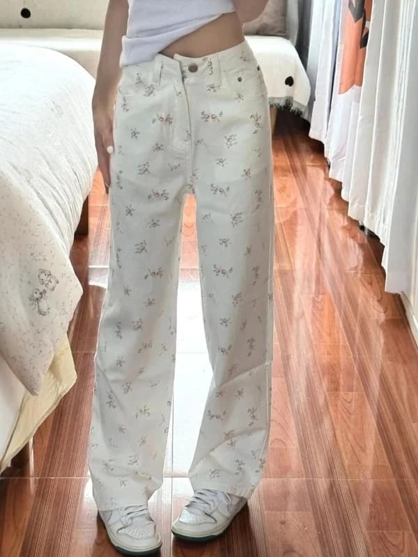 White Floral Straight Leg Jeans Women's Spring Summer Slimming High Waist Loose Casual Wide Leg Pants for Pear Shaped Body