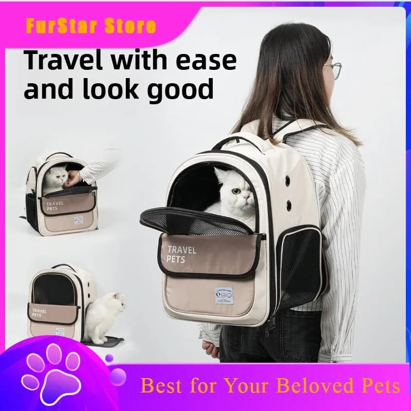 FurStarLarge Breathable Cat Carrier Backpack Foldable Pet Travel Bag Handheld Pet Crossbody Bag Soft Fleece Comfortable And Stur