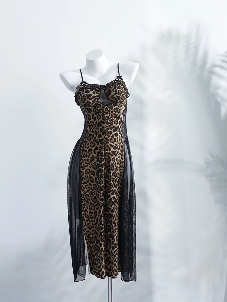 Sexy Lady Leopard Nightdress Sleeveless Spaghetti Strap Lace Patchwork Backless Bra Pad Loose Dress Female Sleepwear Summer 2026
