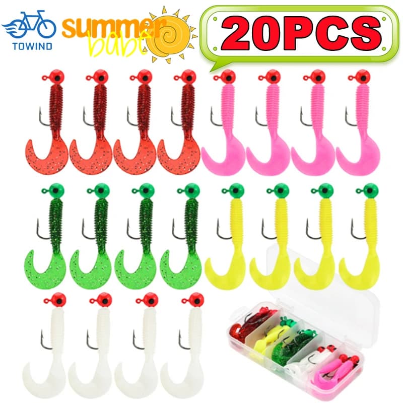 New 20/10PCS Metal Jig Head Fishing hooks with soft worm Rectangular Grub Silicone Artificial Swimbait Sea Fishing bait Equipment with box