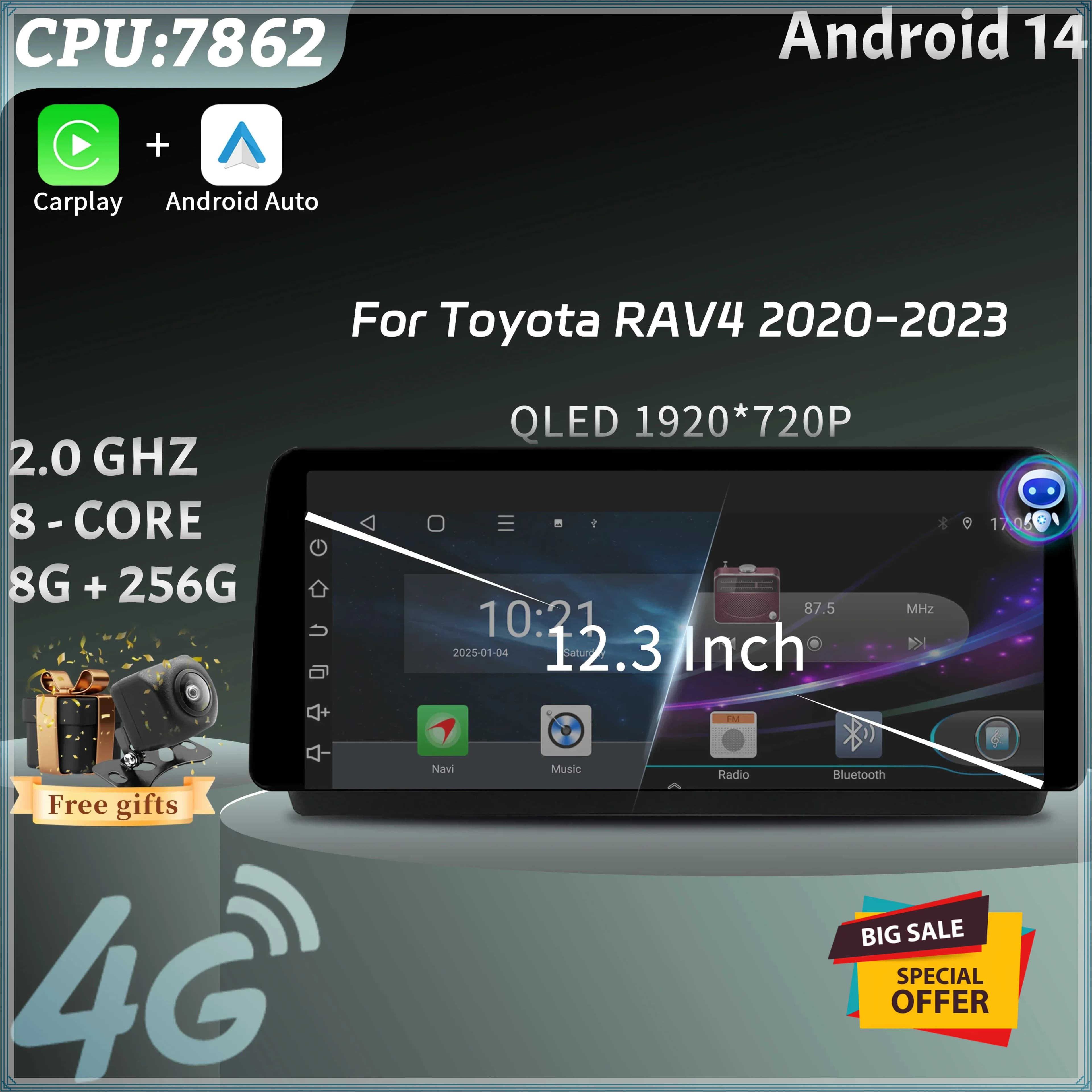 For Toyota RAV4 2020-2023 12.3inch Car Radio Multimedia Navigation Stereo 4G Wireless Bluetooth Carplay Touch Head Unit Screen