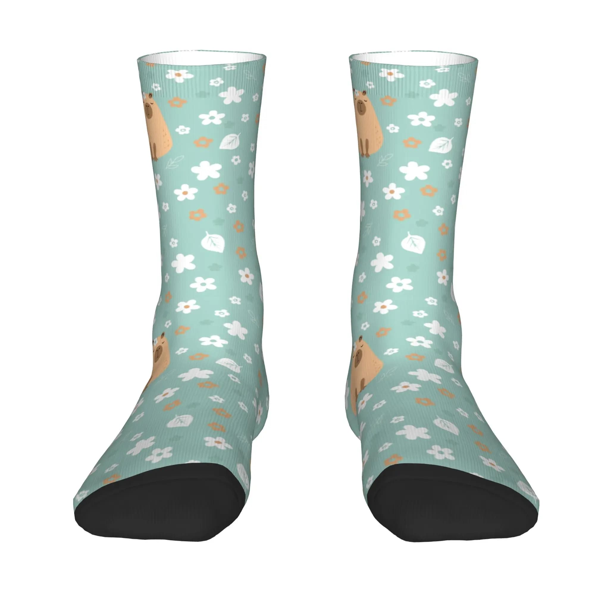 Custom Funny Capybara With Flowers Guinea Pig Dress Socks Mens Womens Warm Fashion Novelty Crew Socks