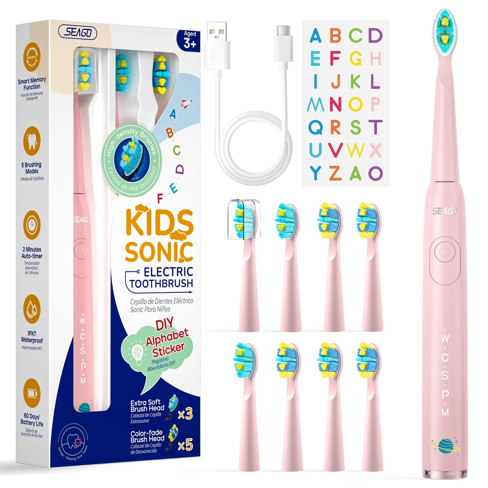 Spazzolino elettrico per bambini con 8 testine di ricambio, adesivi fai-da-te, 5 modalità di pulizia, blu, rosa, giallo, 3 colori, setole morbide