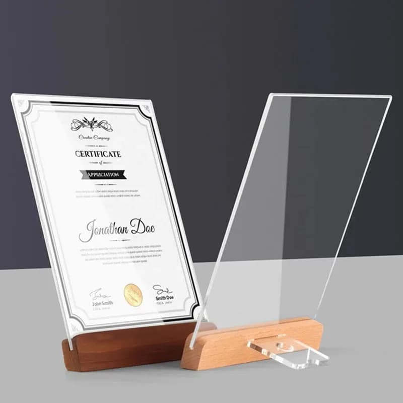 Portafoto in acrilico trasparente A4/A5/A6 Certificato di foto Espositore per poster da campo Cartolina con base in legno Cartellino del prezzo