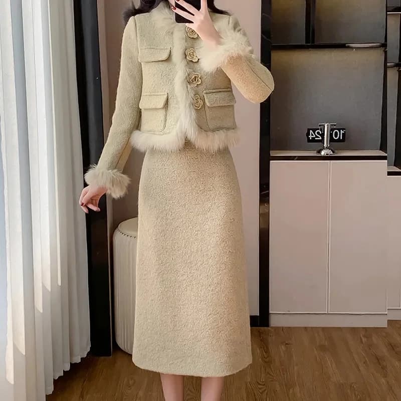 Inverno Luce Temperamento di lusso Giacca ispessita Gonna di lana Gonna lunga di fascia alta Set Mujer Cappotto decorato tridimensionale Rosa
