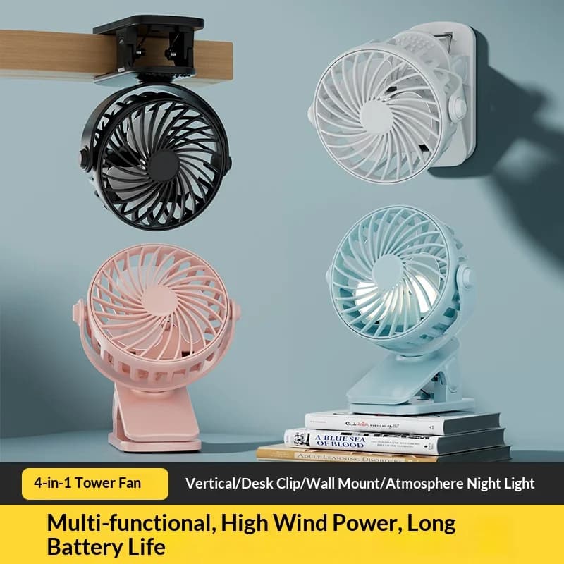 Ventilatore Portatile Ricaricabile con Clip HOMEFISH 720 ° Ventilatore Girevole con Luce Notturna e Raffreddatore d'Aria per Campeggio all'Aperto