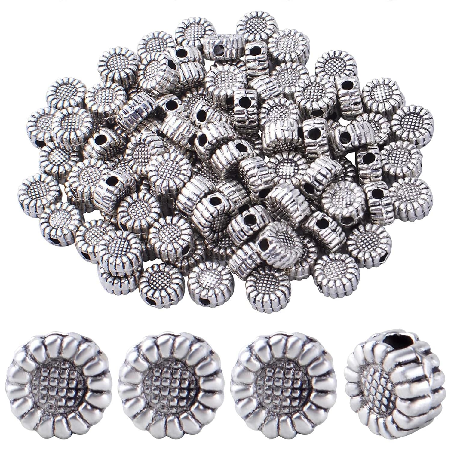 100 pz. Perline Distanziatrici a Forma di Girasole in Lega Tibetana, Perline a Fiore, Charm Distanziatori, Perline Sciolte per Braccialetti Fai da Te, Collane e Gioielli