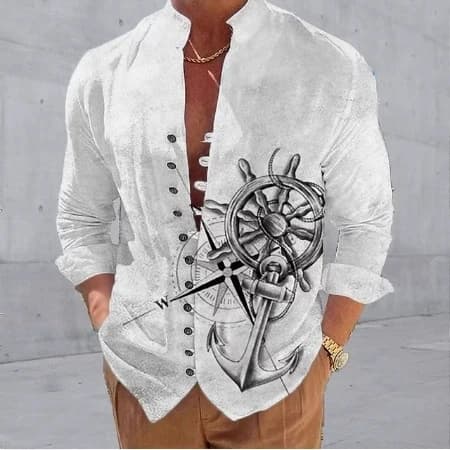 New men's linen long sleeved shirt with fashionable button design, boat anchor pattern, comfortable fit, vintage top