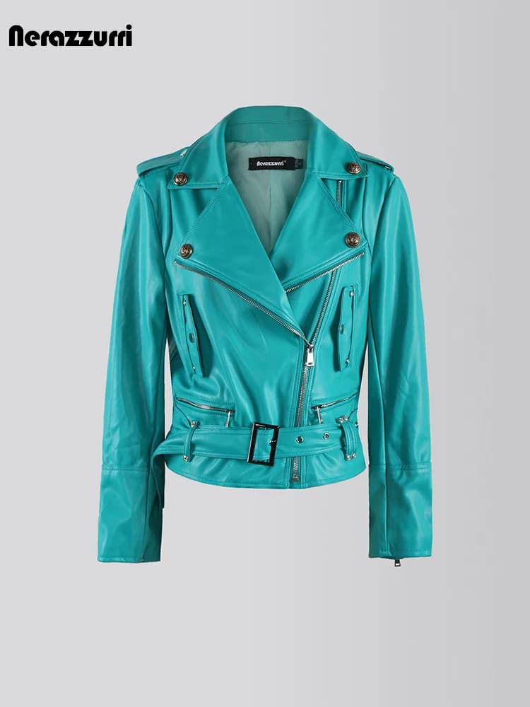 Nerazzurri primavera autunno corto oversize Cool Chic Soft Green Pu Leather Moto & Biker Jacket donna Zipper Belt Runway Fashion
