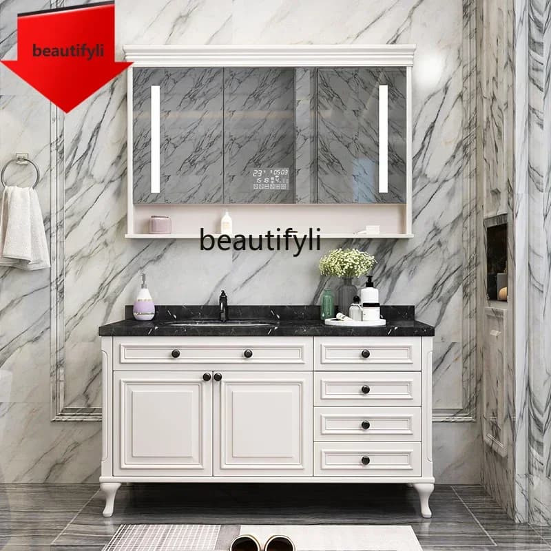 02 Mobile da bagno americano da pavimento in rovere con specchio intelligente, lavabo combinato