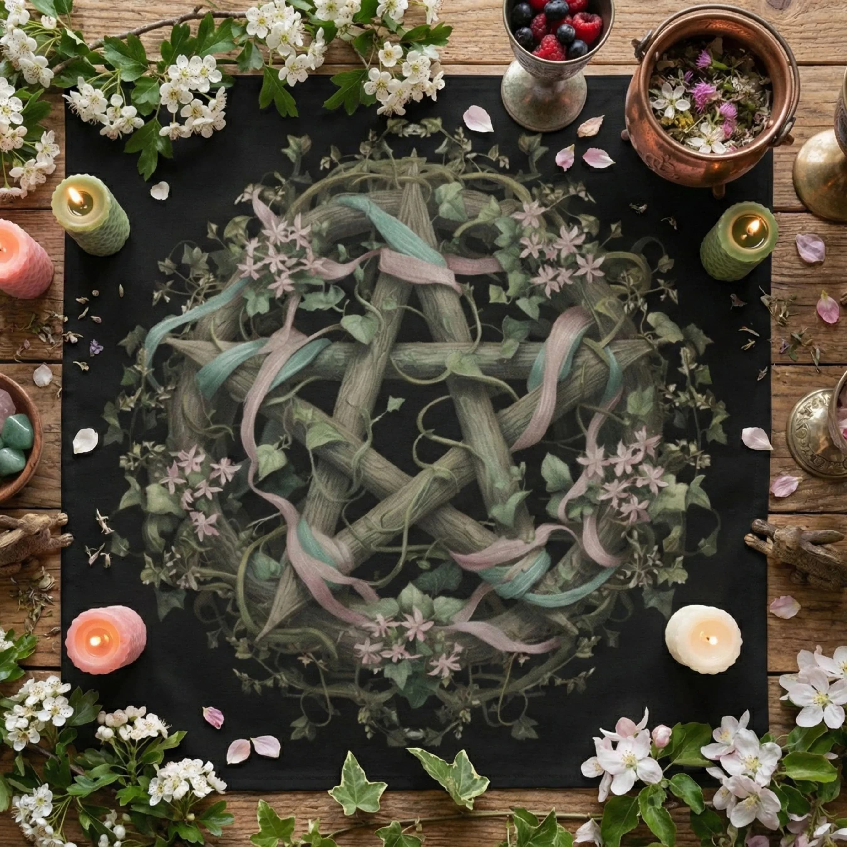 1 pz. Telo Altare Naturale con Pentacolo, Tovaglia Floreale Wiccan con Pentagramma per Stregoneria, Rituali Pagani e Tappetino per Lettura Tarocchi