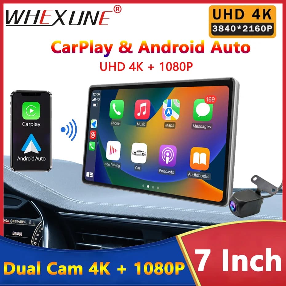 Dash Cam 7" 4K with Carplay Wireless and Android Auto, WiFi, Bluetooth, AUX, GPS Navigation, Double Video Recording